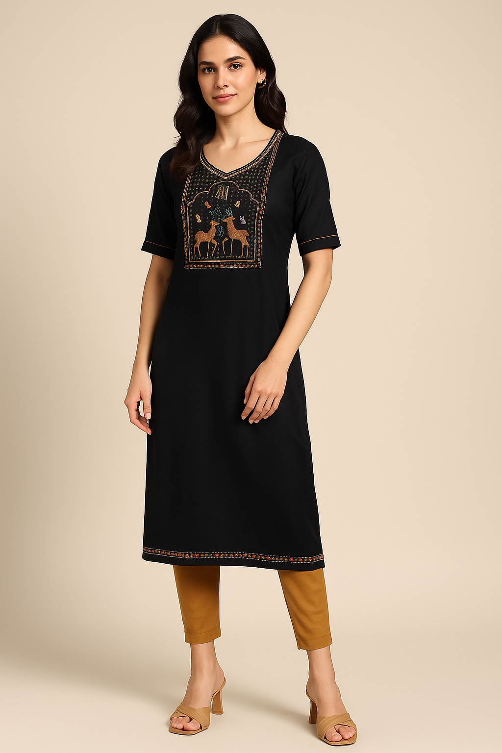 Black Cotton Blend Kurta with Deer Embroidery