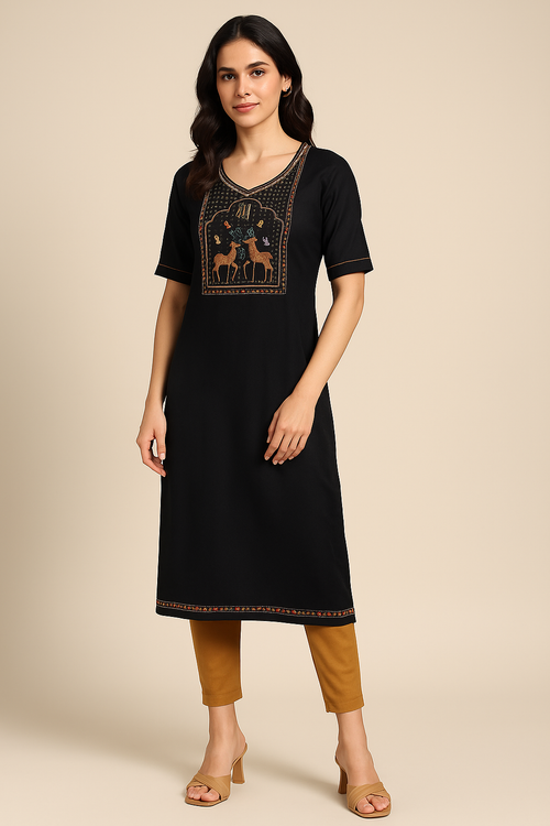 Black Cotton Blend Kurta with Deer Embroidery