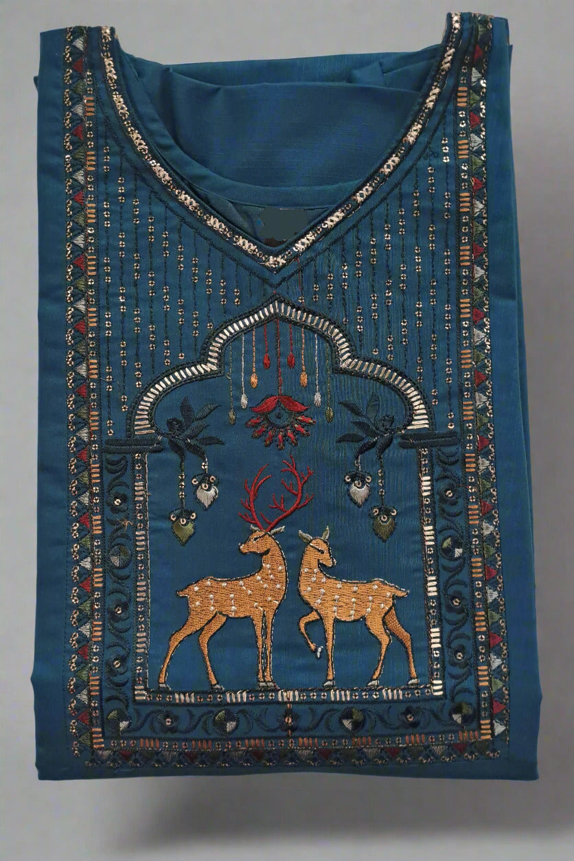 Peacock Blue Kurta with Deer Motif