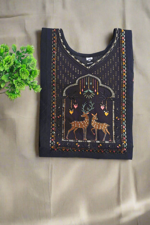 Black Cotton Blend Kurta with Deer Embroidery