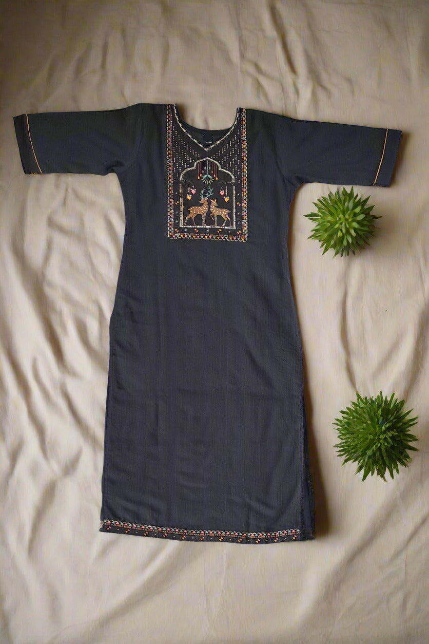 Black Cotton Blend Kurta with Deer Embroidery
