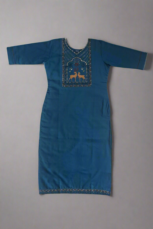 Peacock Blue Kurta with Deer Motif