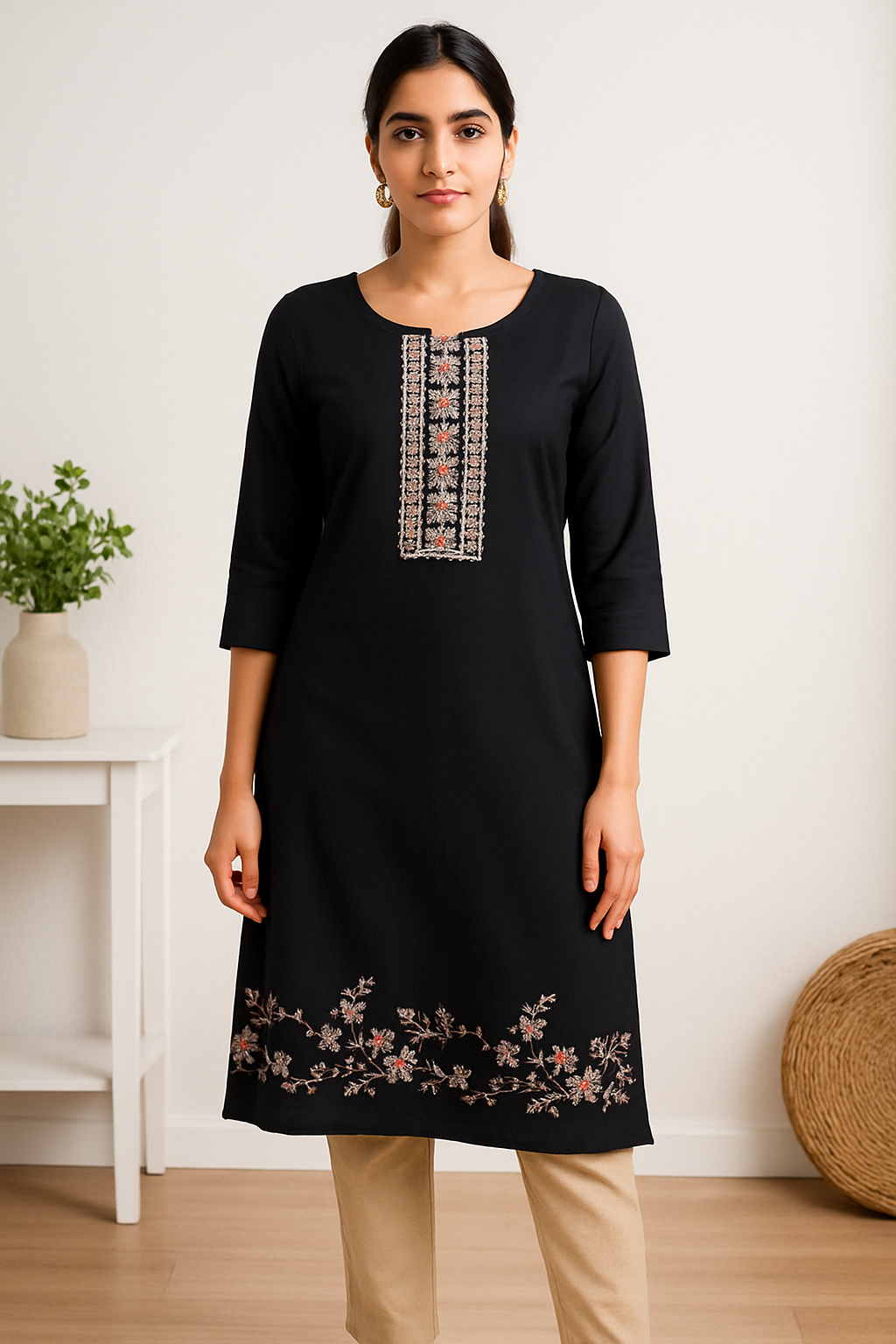Black Floral Embroidered Kurta