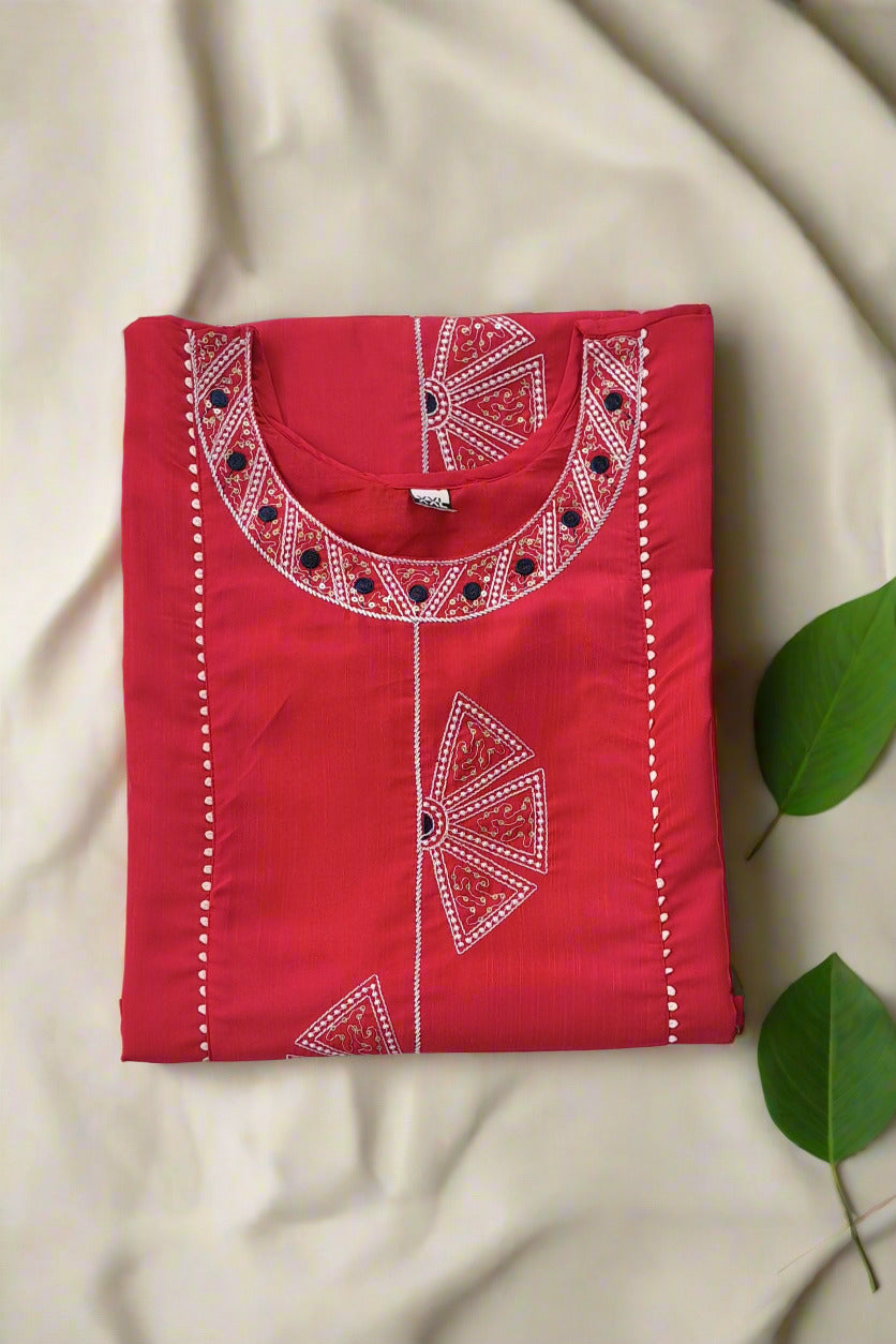 Pink Embroidered Cotton Blend Kurta
