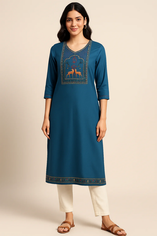 Peacock Blue Kurta with Deer Motif