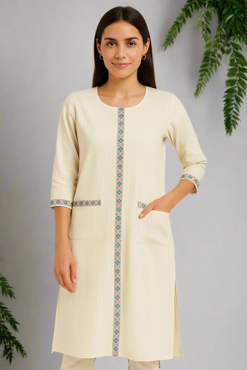 Elegant White Embroidered Cotton Blend Kurta