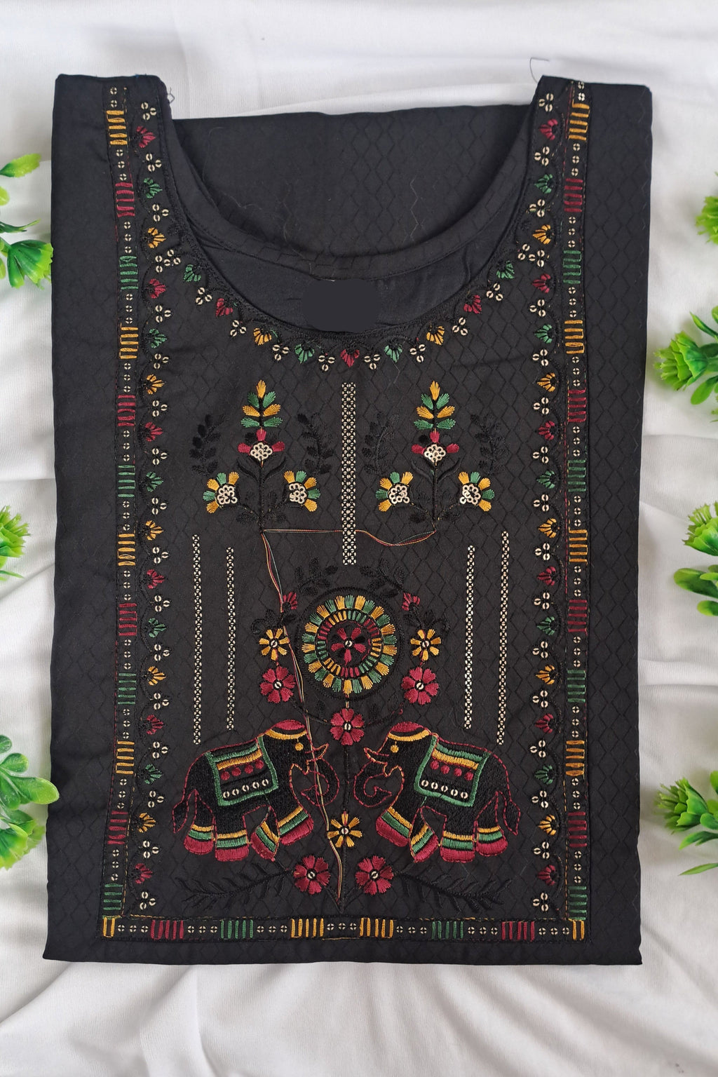 Charcoal Black Elephant & Floral Embroidered Kurta