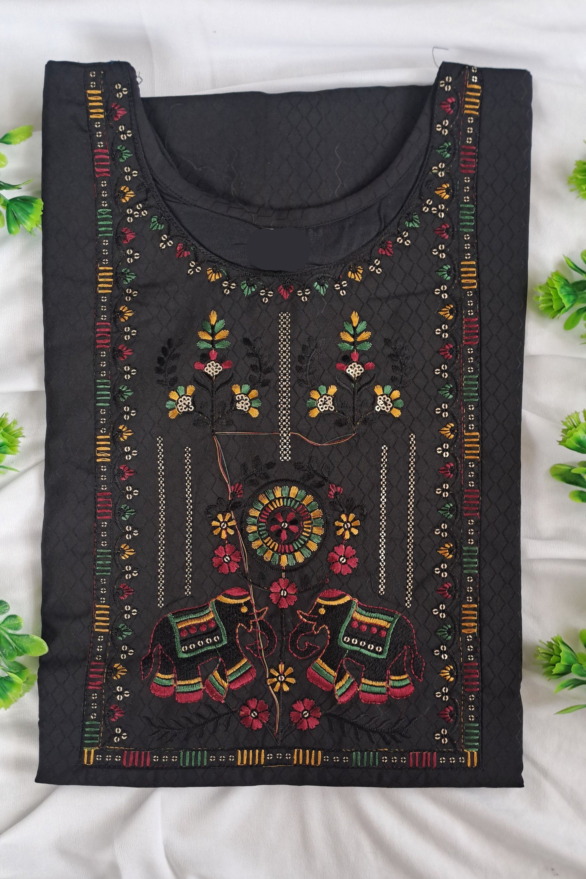 Charcoal Black Elephant & Floral Embroidered Kurta