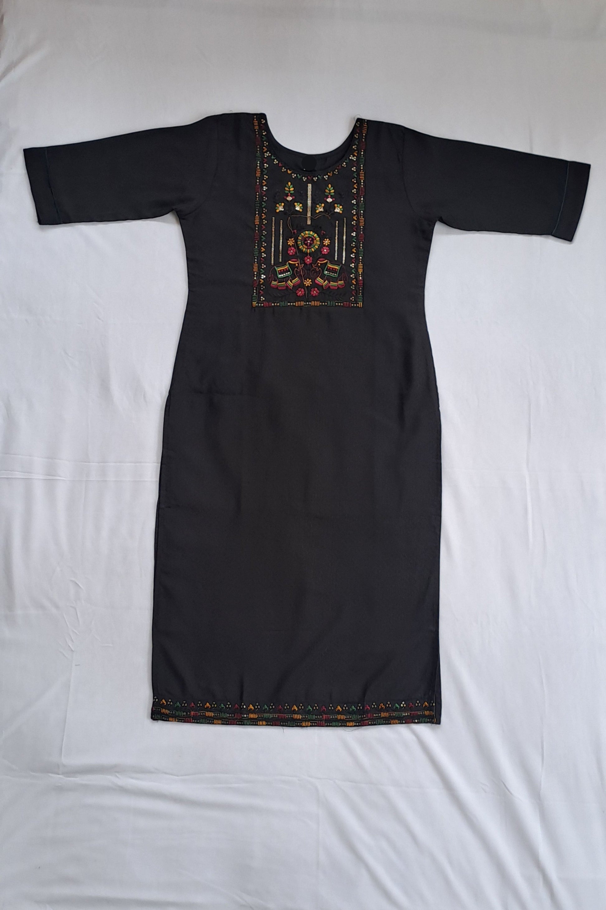 Charcoal Black Elephant & Floral Embroidered Kurta