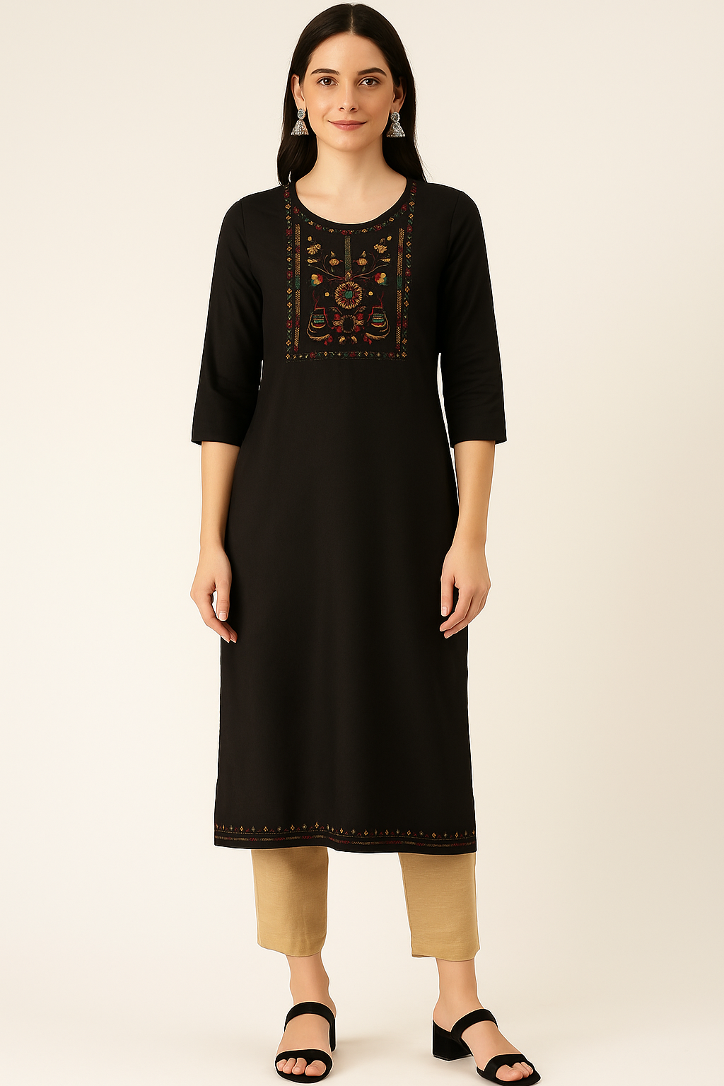 Charcoal Black Elephant & Floral Embroidered Kurta