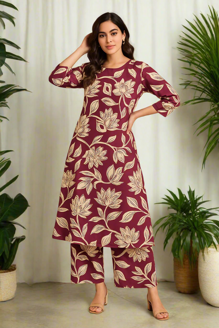 Women's Maroon Floral Khadi Cotton Blend Coord Set