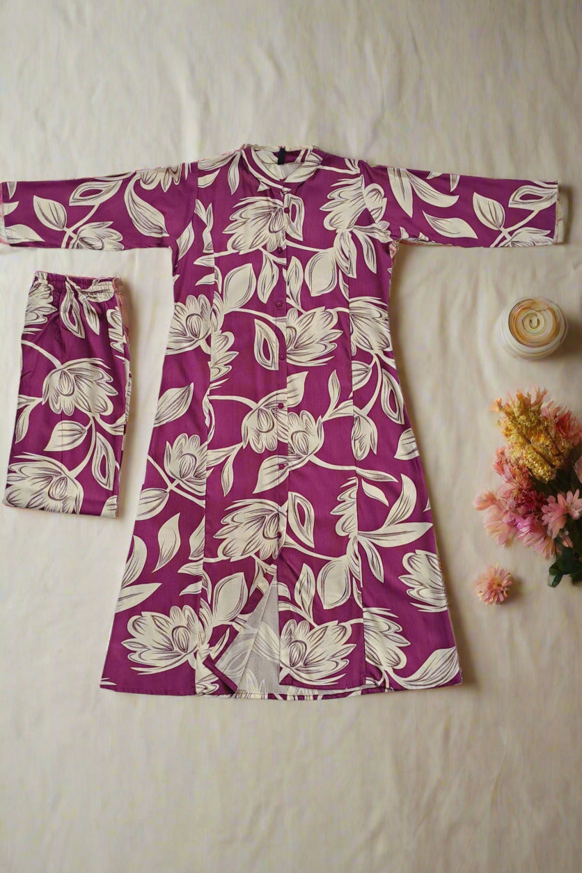 Women's Maroon Floral Khadi Cotton Blend Coord Set