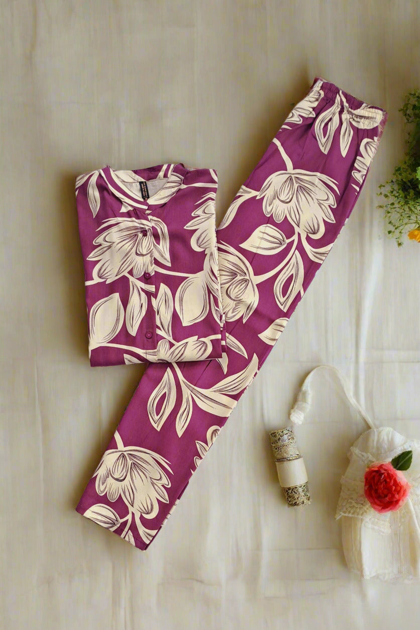 Women's Maroon Floral Khadi Cotton Blend Coord Set