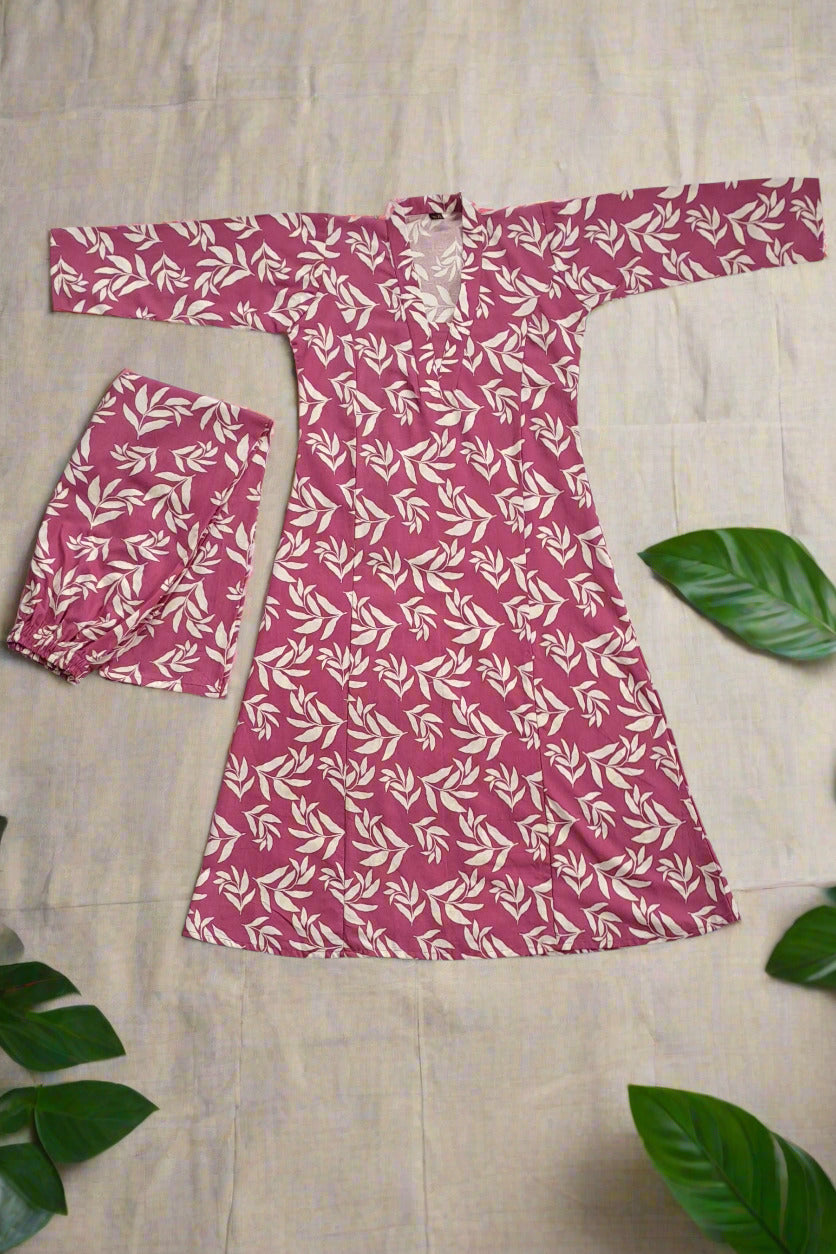 Mauve & White Leaf Print Cotton Coord Set