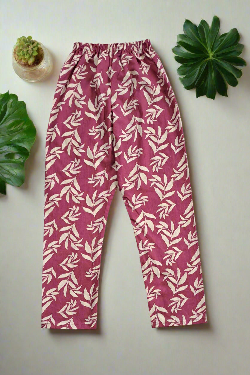 Mauve & White Leaf Print Cotton Coord Set