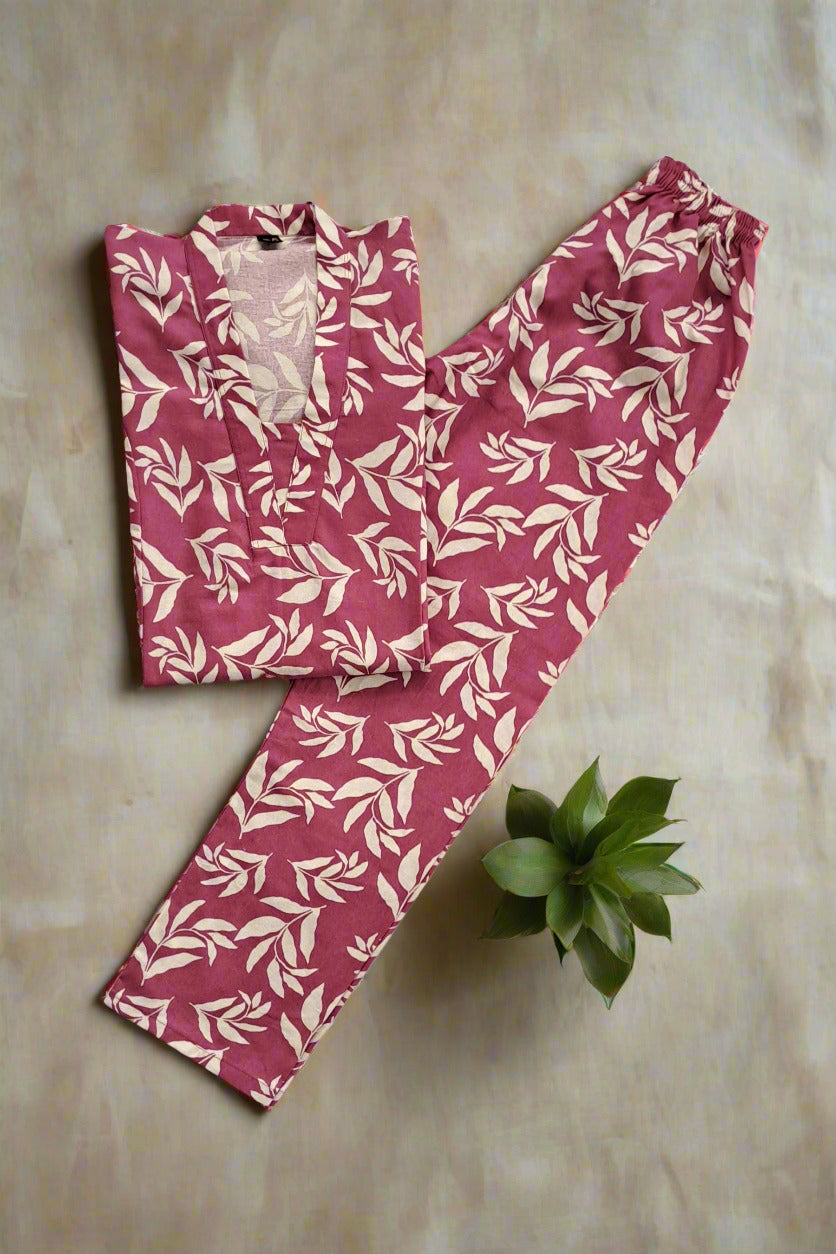 Mauve & White Leaf Print Cotton Coord Set