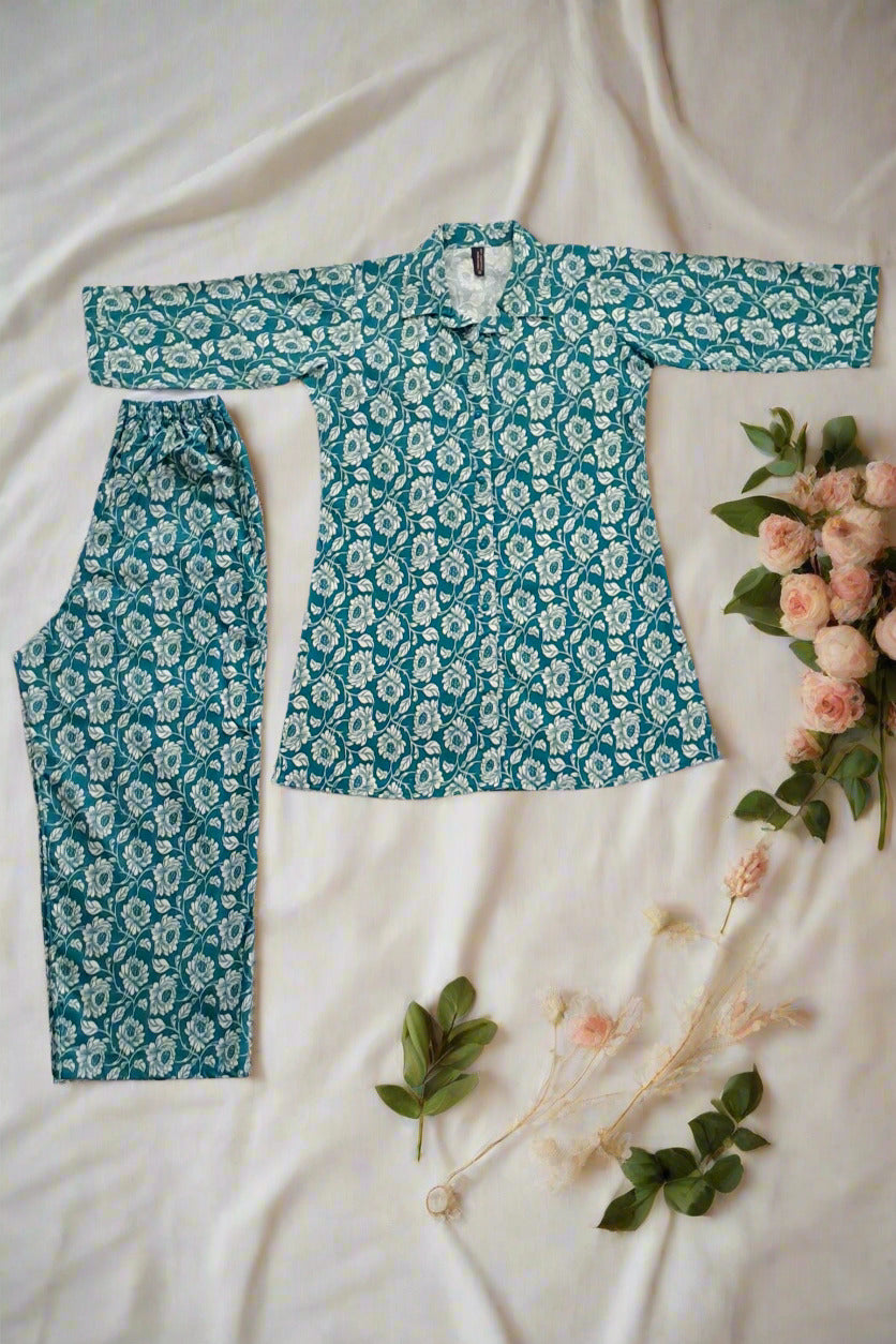 Teal & White Ditsy Floral Print Cotton Coord Set