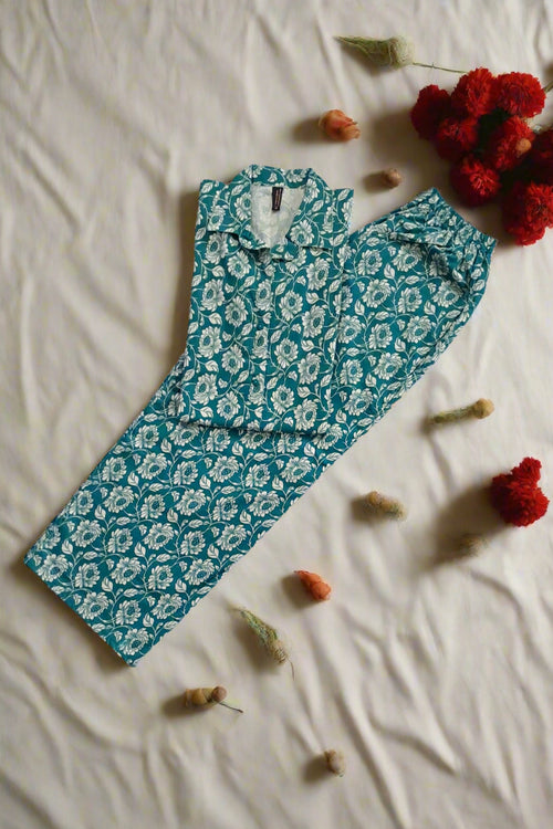 Teal & White Ditsy Floral Print Cotton Coord Set